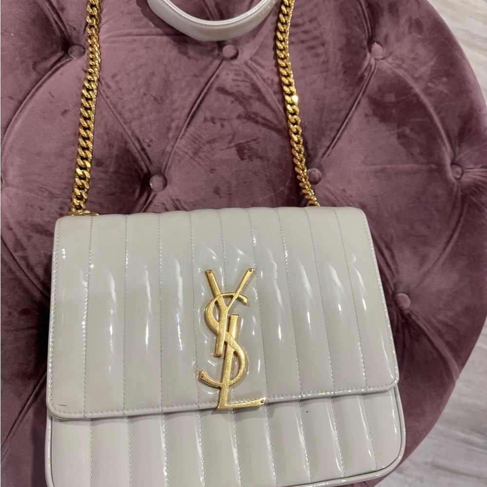 SOLD…. Yves Saint Laurent Beige Patent Leather Shoulder Bag